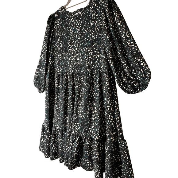 Black Teal White Animal Print Tiered Midi Dress Women's Size 1X Ballon Sleeve - Picture 3 of 13